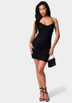 Scoop Neck Ruched Spaghetti Strap Short Bodycon Dress/Little Black Dress