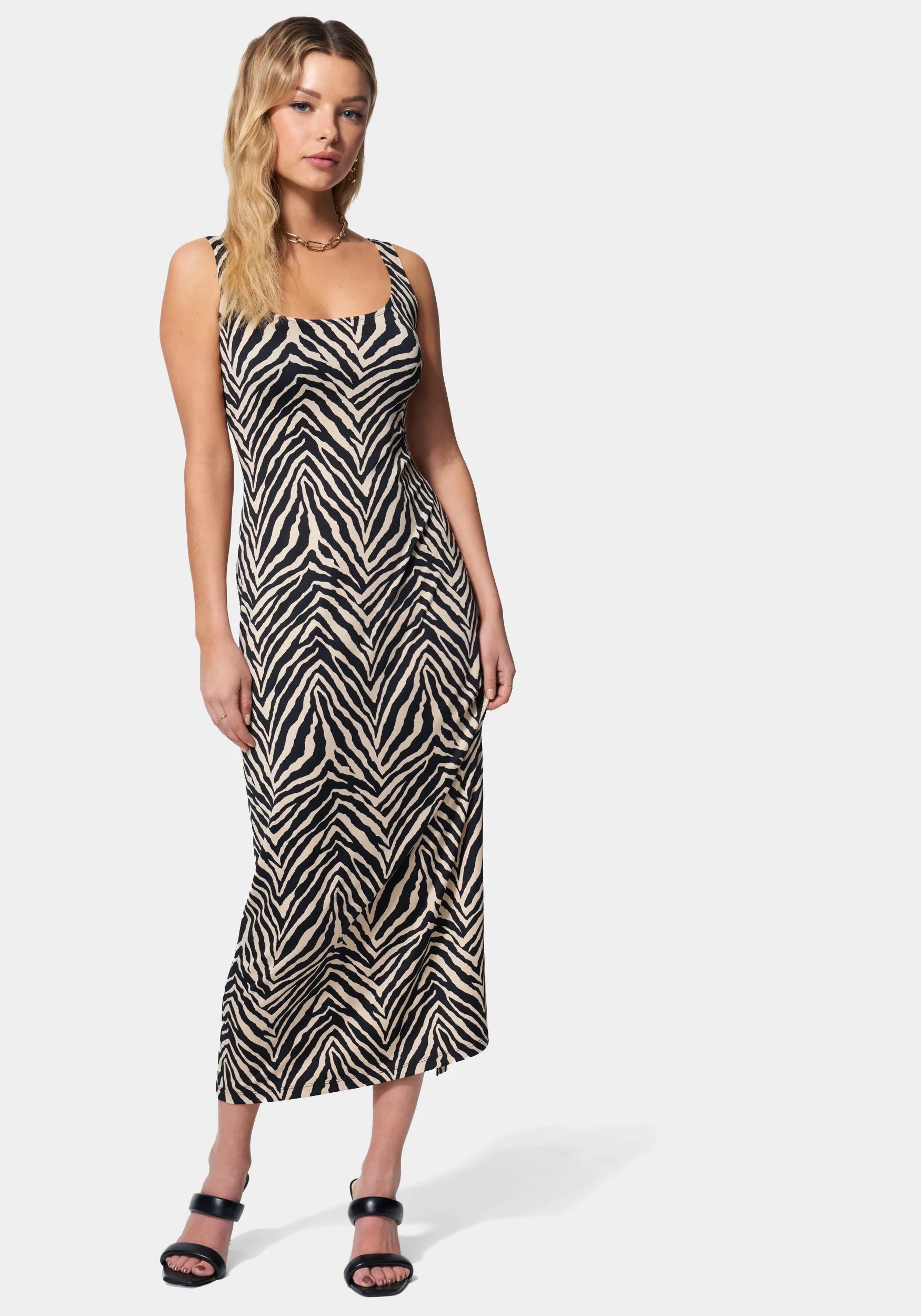 Animal Zebra Print Scoop Neck Sleeveless Maxi Dress/Midi Dress