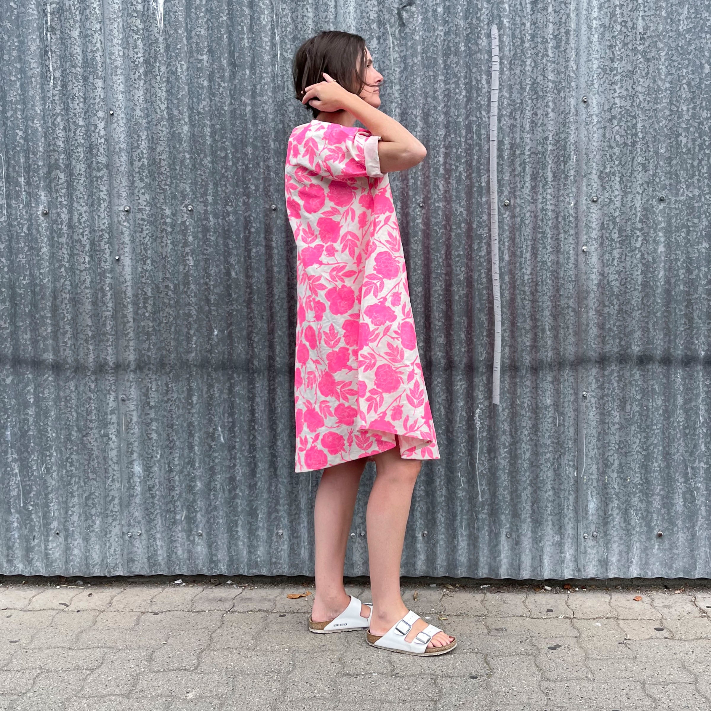 Linen dress with Neon Pink Rose print