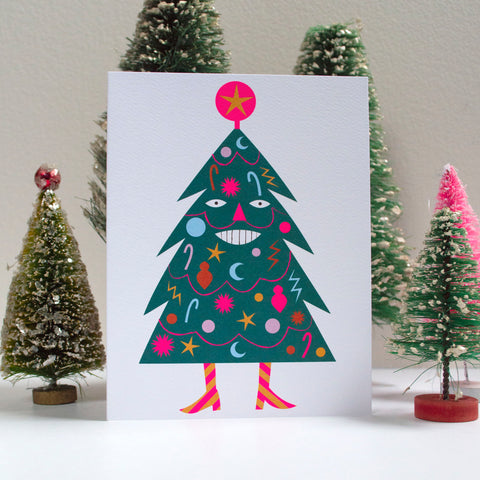 holiday cards, christmas cards, smiling christmas tree, joy to the world!