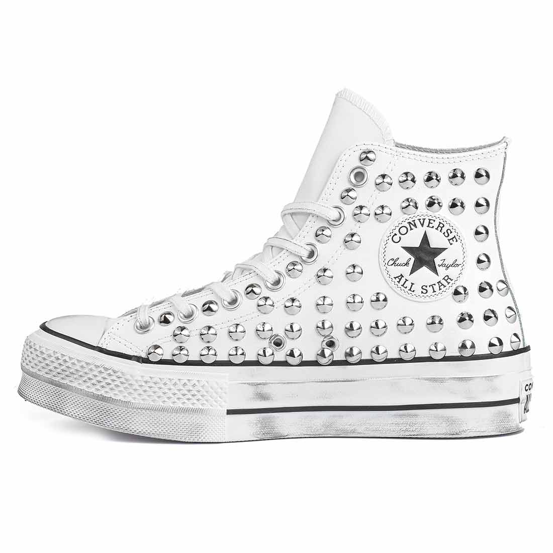 Converse All Star Platform Alte in Pelle con Borchie - Bianche | Racoon-LAB