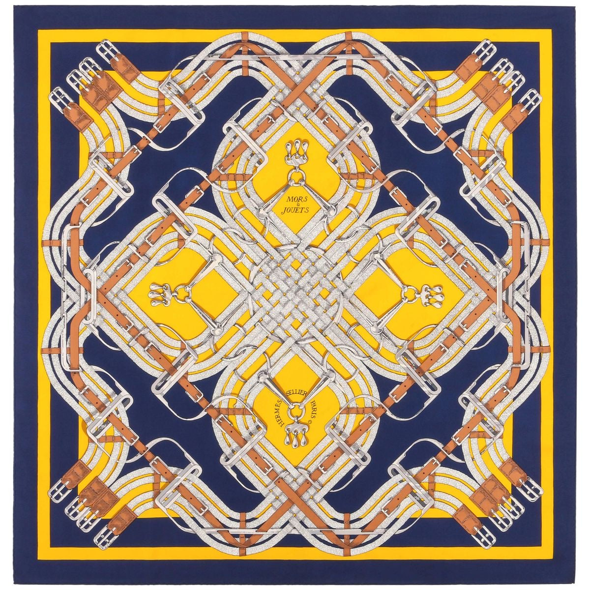 "Mors a Jouets" Navy Yellow Equestrian Print Silk Scarf