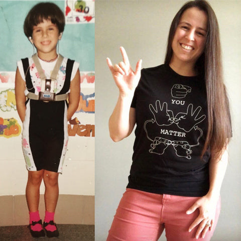 Split image of Sara, as a young child, standing in front of a bulletin board wearing a phonic ear vest and of Sara, as an adult, showing the “I Love You” sign.