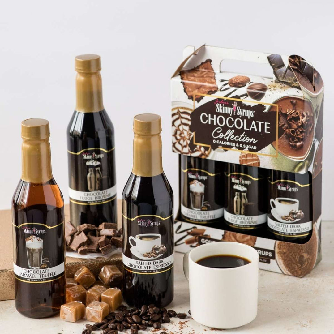 Try this  delicious assortment of  Chocolate Skinny Mixes Flavoring Syrups in a delightful gift box. Included are Salted Dark Chocolate Espresso Syrup, Chocolate Caramel Truffle Syrup, and Chocolate Fudge Brownie Syrup. Use code 'DrinksTalk for a Skiny Miixes Discount.