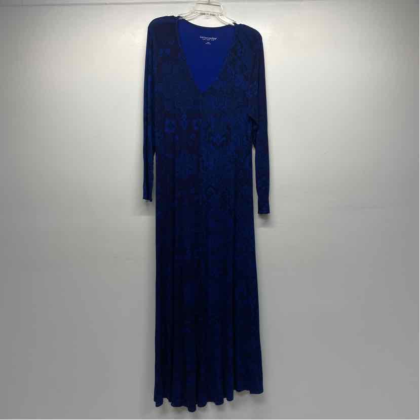 Soft Surroundings Size L Women's Navy-Blue Pattern Maxi-Long Sleeve Dress