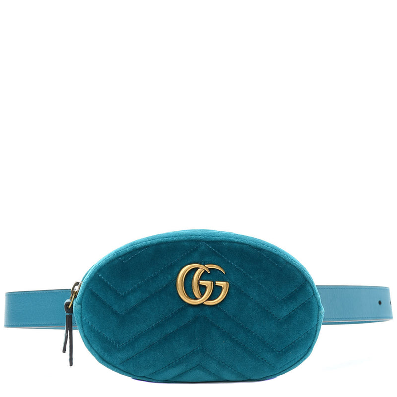 Gucci Teal Blue Velvet Matelasse GG Marmont Waist Belt Bag 85 34