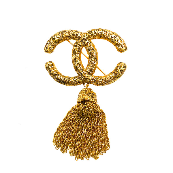 Chanel Light Gold Crystal Twisted CC Brooch