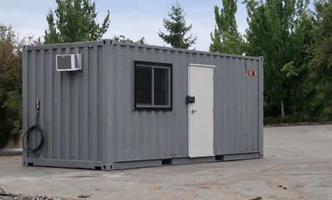 This is an office container, with doors, windows, and air conditioning.