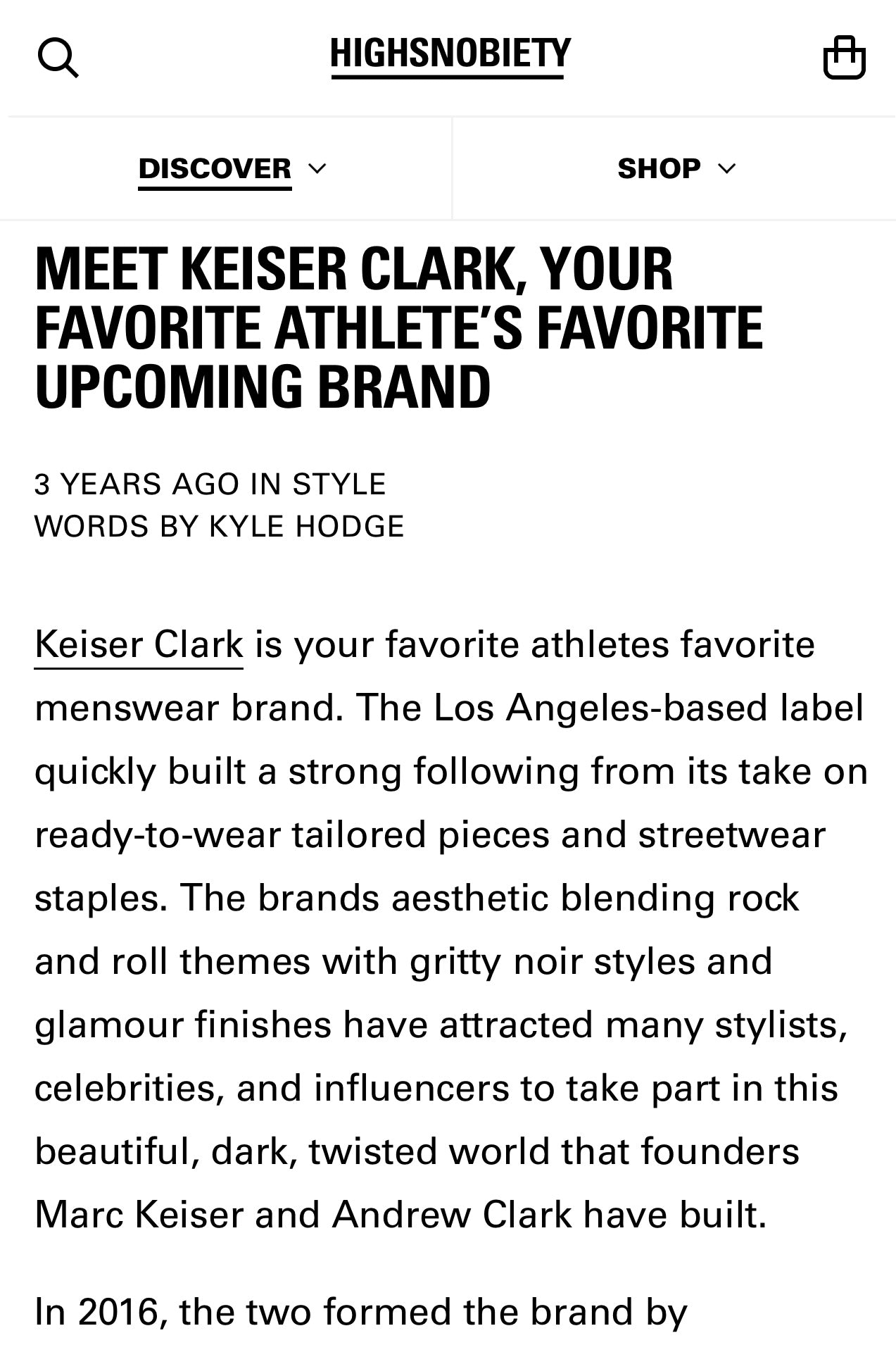 Keiser Clark featured in Highsnobiety