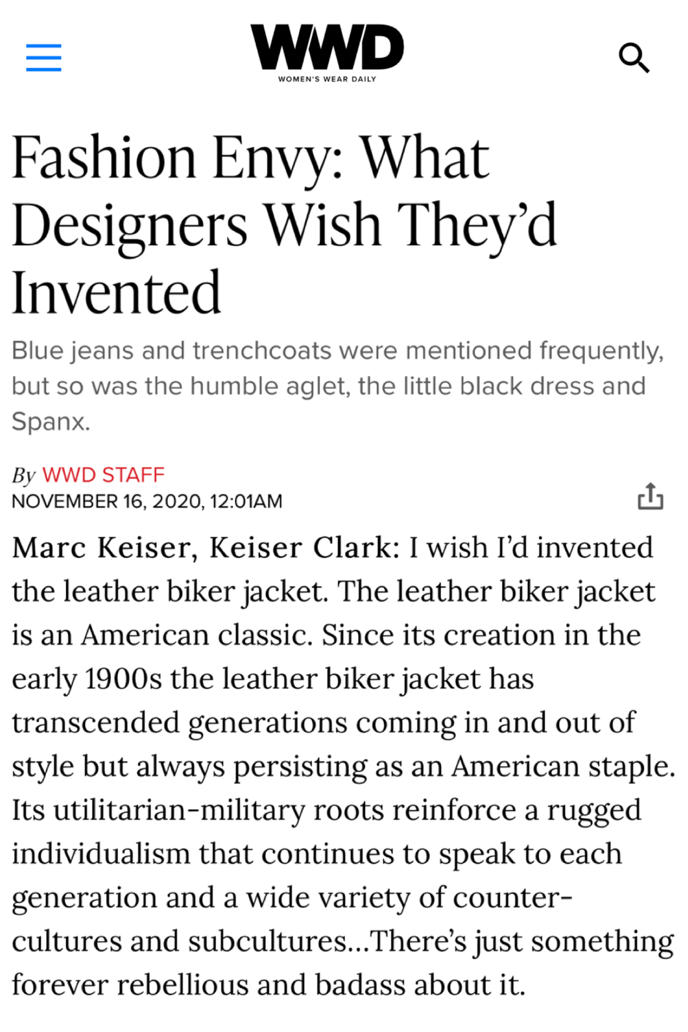 Keiser Clark featured in WWD