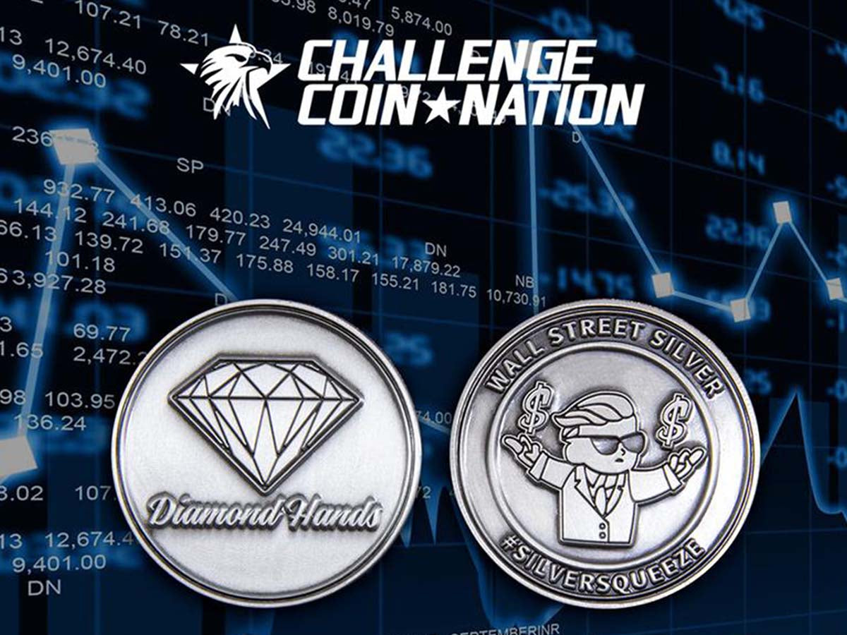  Challenge coins for Wall Street businesses that have a diamond and “Diamond Hands” written on the front and “Wall Street Silver #SilverSqueeze” on the back. 