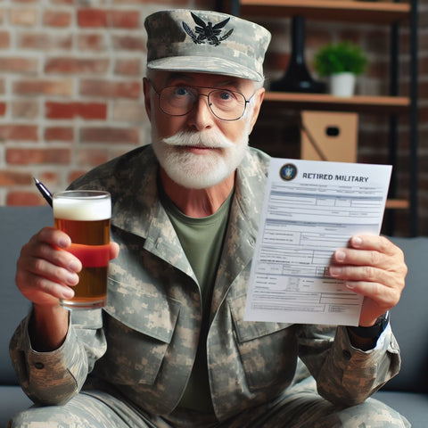 Retired military drinking a beer and holding a DD-214