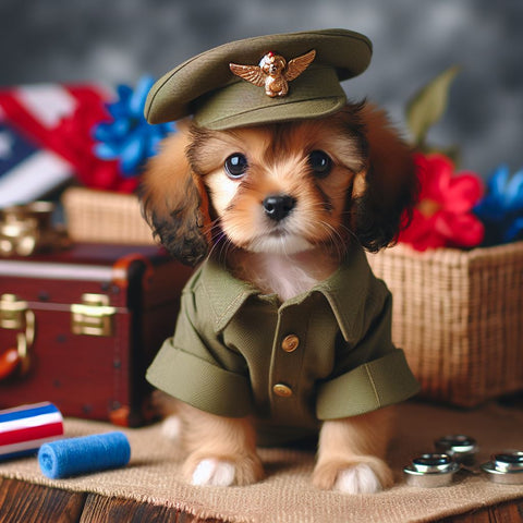 Puppy in a military uniform