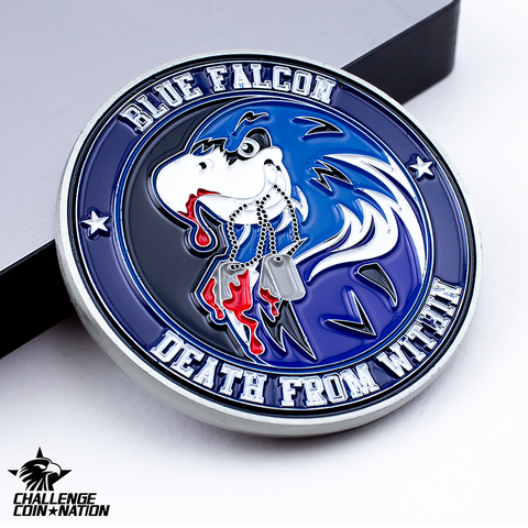 A Blue Falcon Challenge Coin from Challenge Coin Nation that uses the same design as the Blue Falcon patch