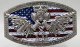 A custom belt buckle. A custom belt buckle can be designed to represent a particular organization, such as a sports team, a military unit, or a business. 