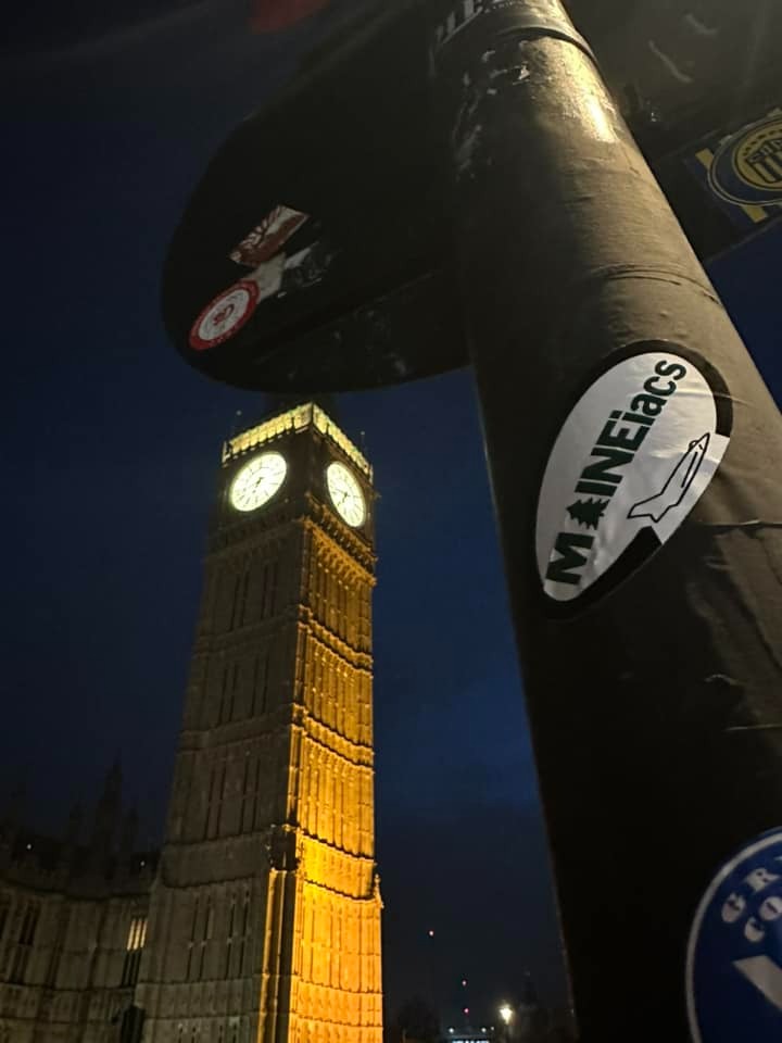 Maineiacs sticker on a pole near Big Ben