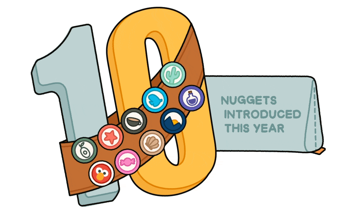 An illustrated number 10 with a sash crossing the number, covered in badges. "10 Nuggets Introduced This Year."