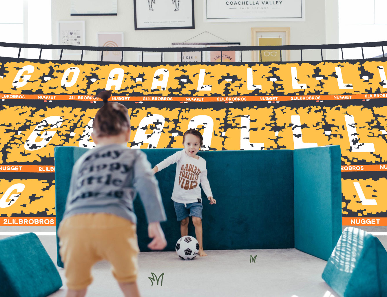 Two kids playing soccer with a Nugget goal. Illustrations on the photo depict a stadium of cheering fans, holding up signs to spell "GOAAAALLL"!