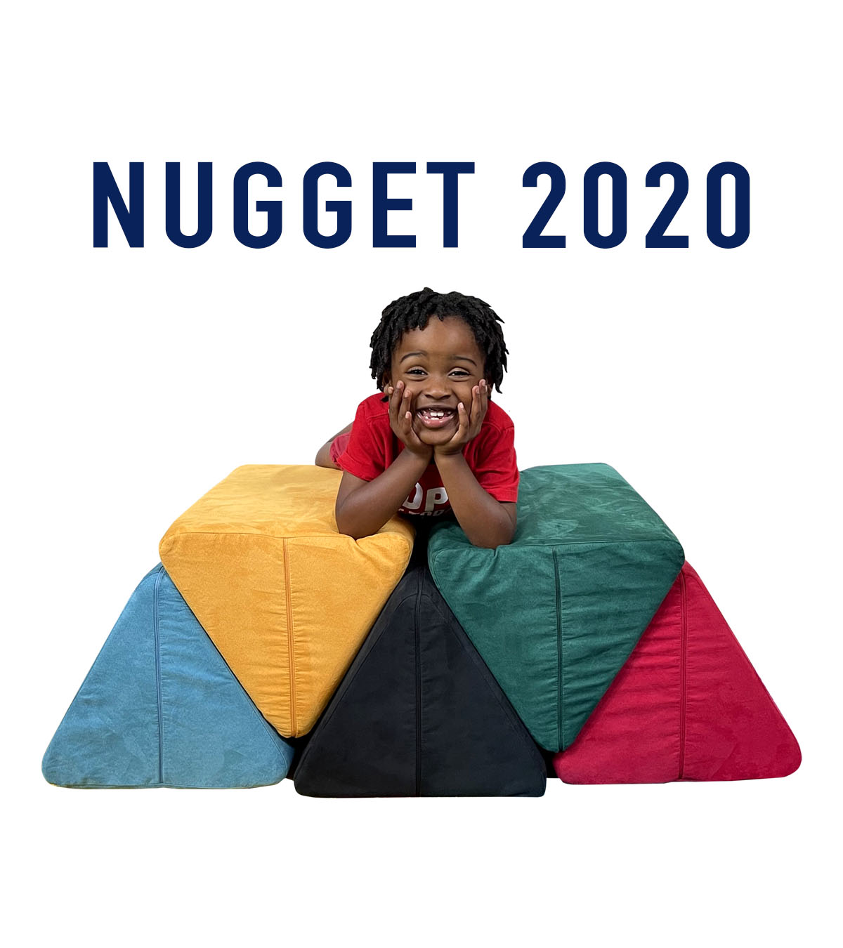 "Nugget 2020" with kid grinning on top of five Nugget pillows configured like Olympic rings