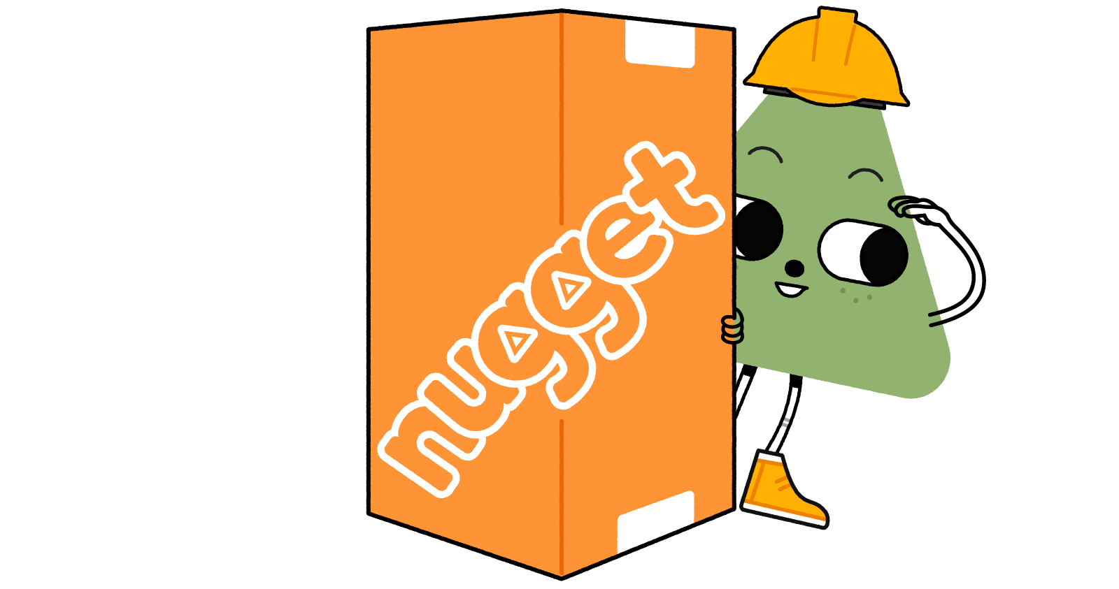 Nugget character wearing a hardhat peering around a Big Orange Box