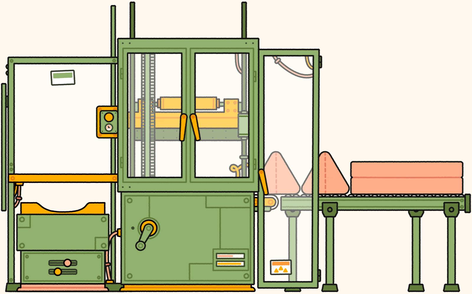 Animation of roll pack machine, called the Beluga, compressing and rolling up a Sweetpea-colored Nugget couch