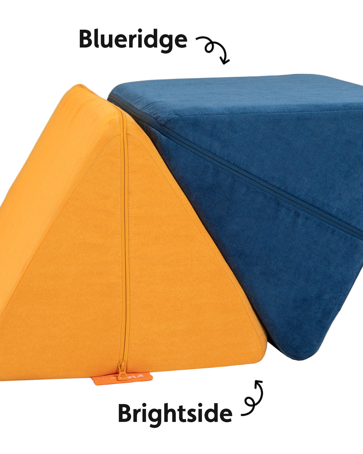 A color comparison photo with two Nugget pillows: Brightside and Blueridge, our classic, grounded navy