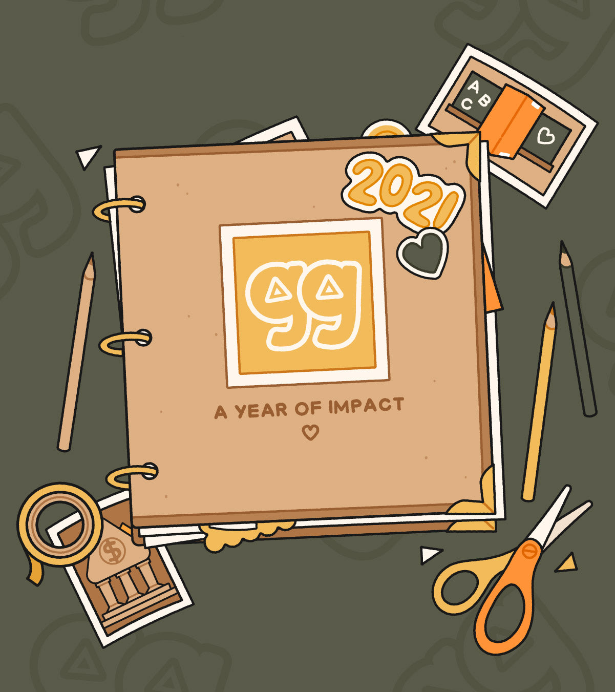 A scrapbook illustration with "gg" logo and "A Year of Impact", with scissors, crafting supplies, and a "2021" sticker on the outside of the scrapbook