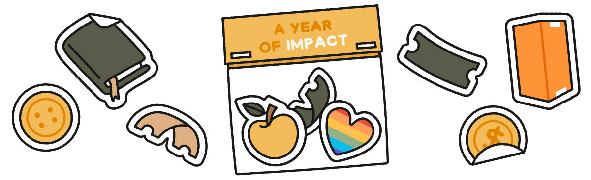An illustration of different stickers with a packet of stickers inside of a 'Year of Impact' package