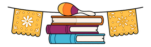A Maraca sitting on top of books with yellow decorative banner hang behind