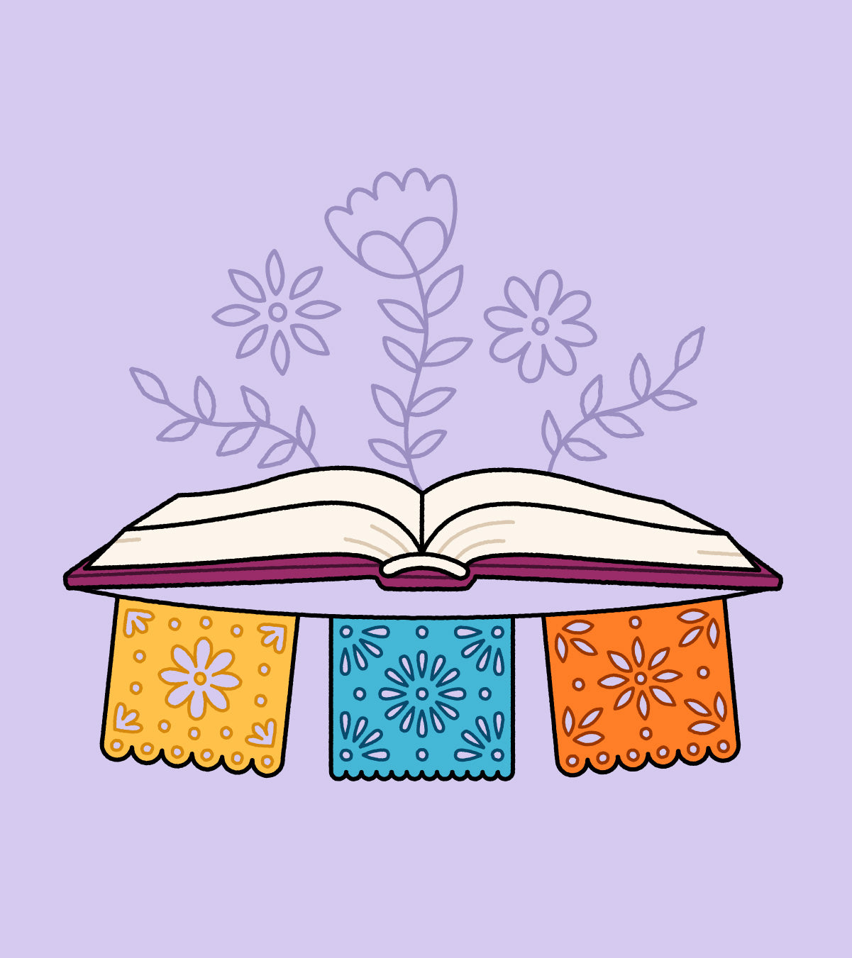 An open book on a lilac background, papel picado banners hanging below