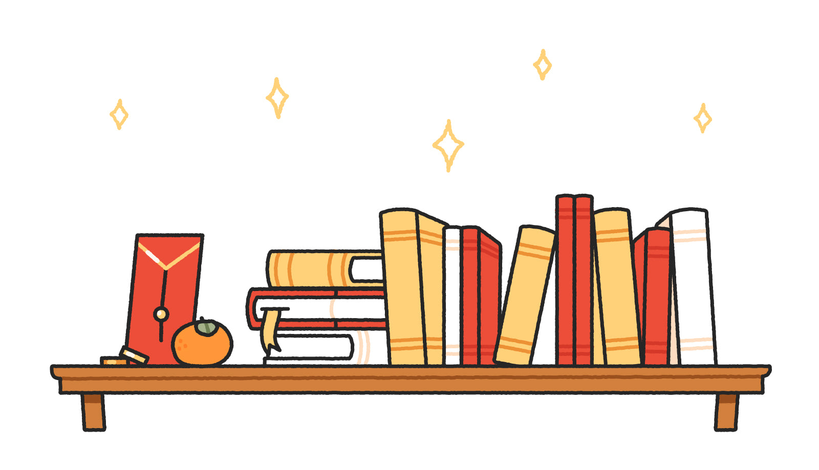 Red, gold and white books on a bookshelf with stars twinkling above