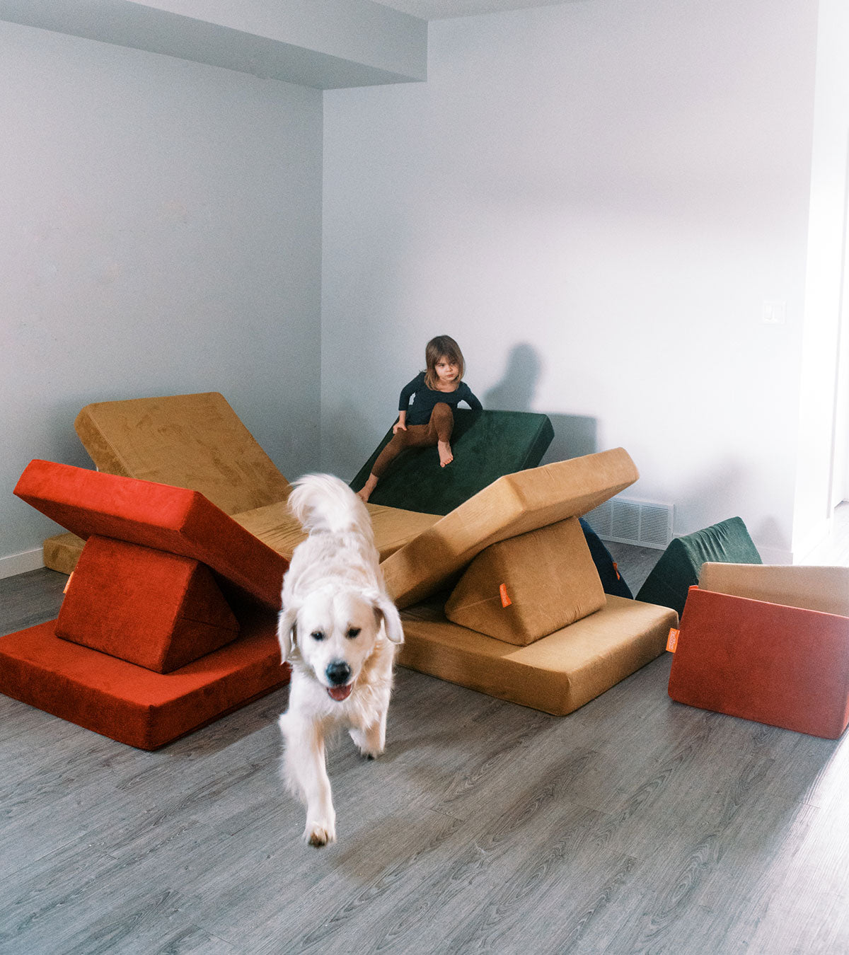 Four Nuggets are set up as wedges, facing into a square "parkour" course. A child hangs out in the back of the frame and a dog walks towards the camera. 