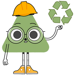 Green Nugget character with a hard hat and goggles holding up a recycle symbol