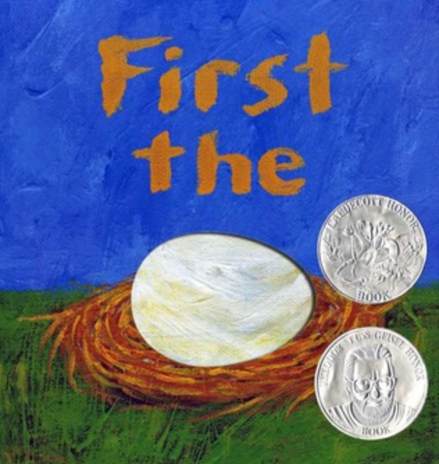 Blue book cover with words "First the" and an image of an egg in a nest