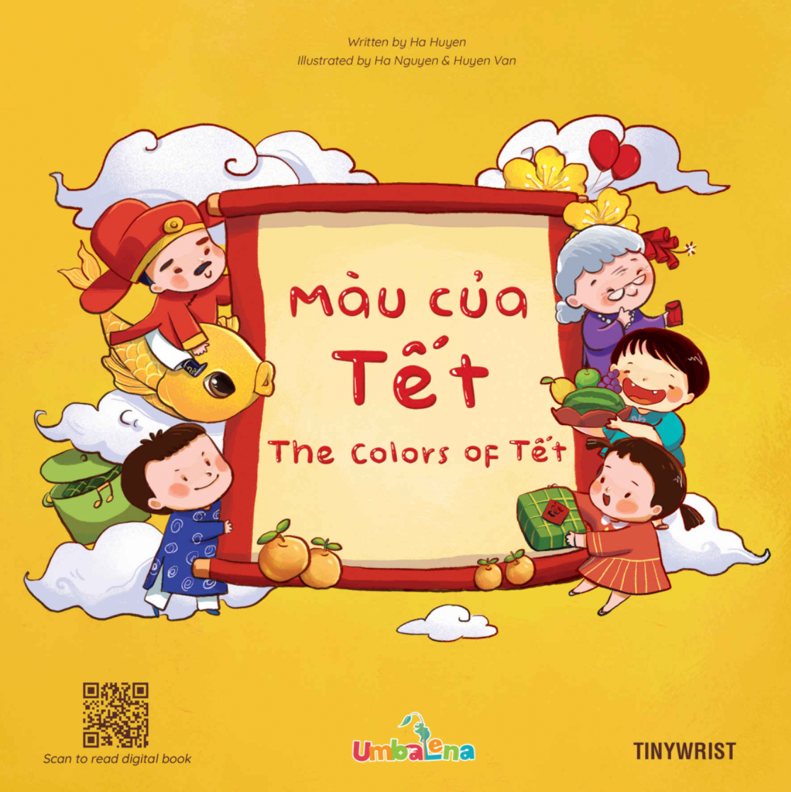 Book cover for "Mau Cua Tet: The Colors of Tet." Illustrated characters frame the book title, displayed on a scroll.