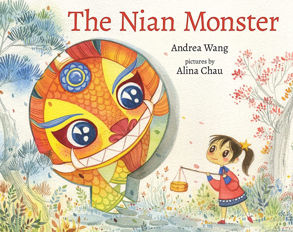 Book cover for "The Nian Monster." A young child gazes up at a colorful monster.