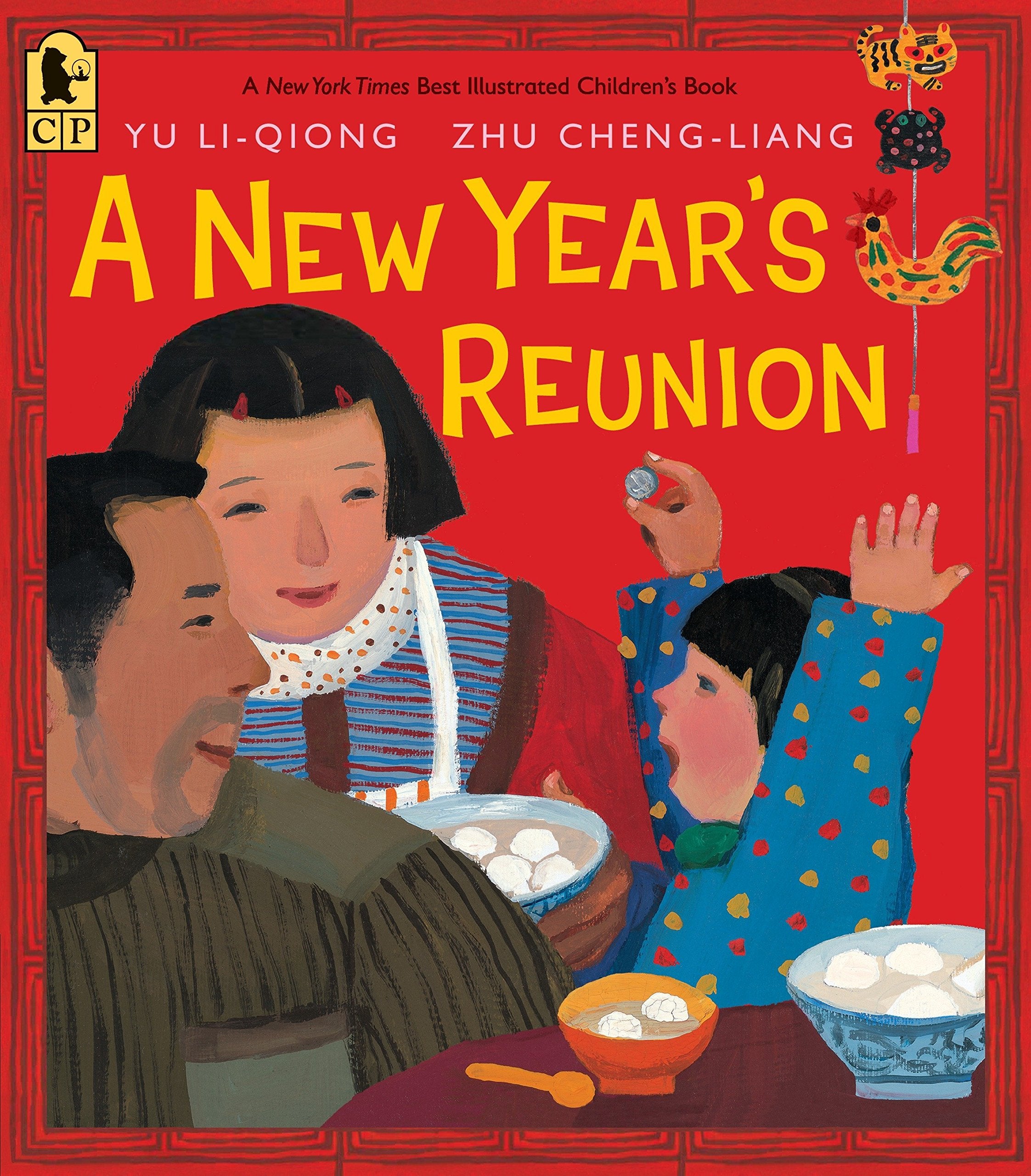 Book cover for "A New Year's Reunion." Two adults and a child sit at a table, bowls of food in front of them. The child holds up a silver coin in excitement.