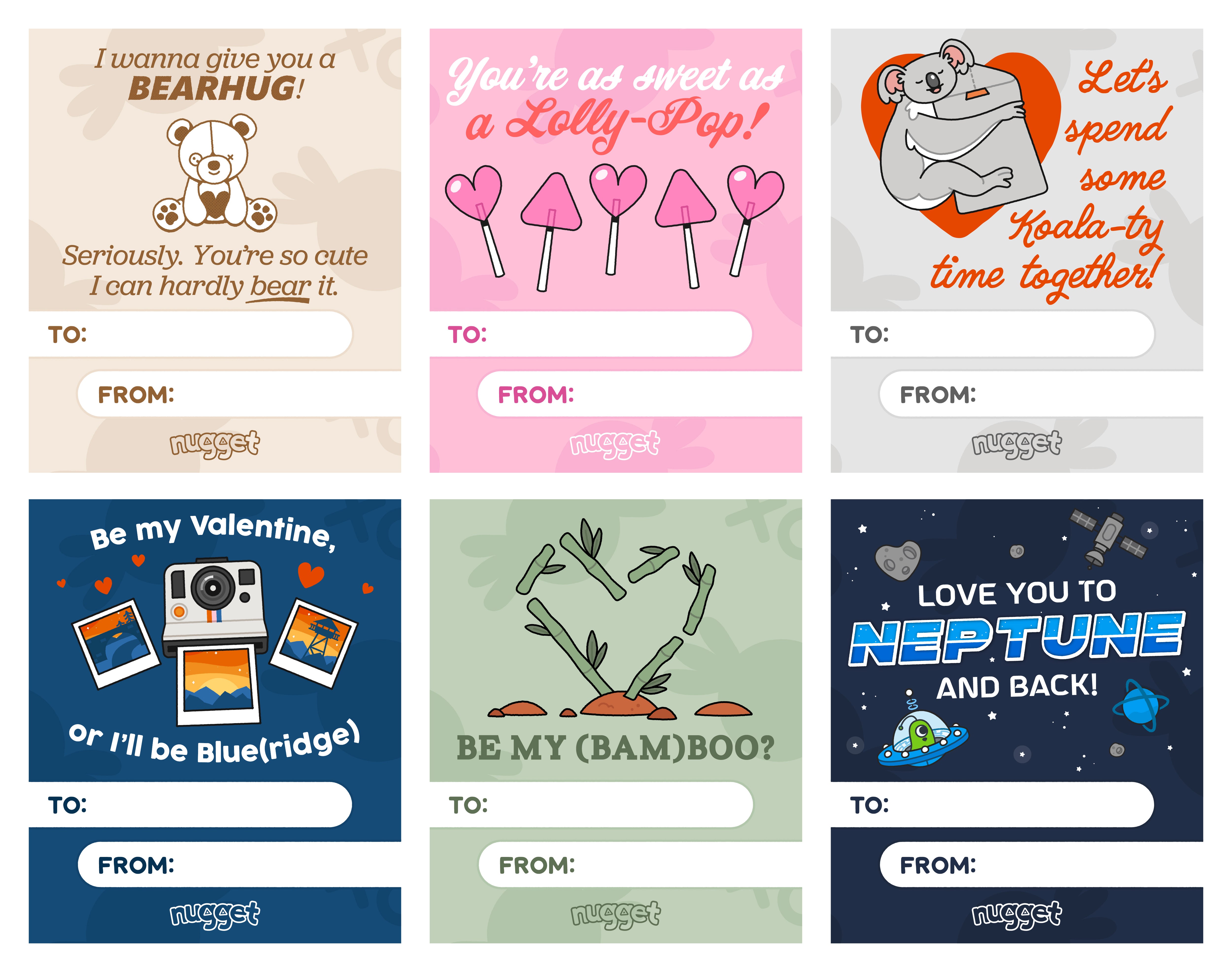 Preview of six printable Valentine's Day cards featuring puns of Nugget colors