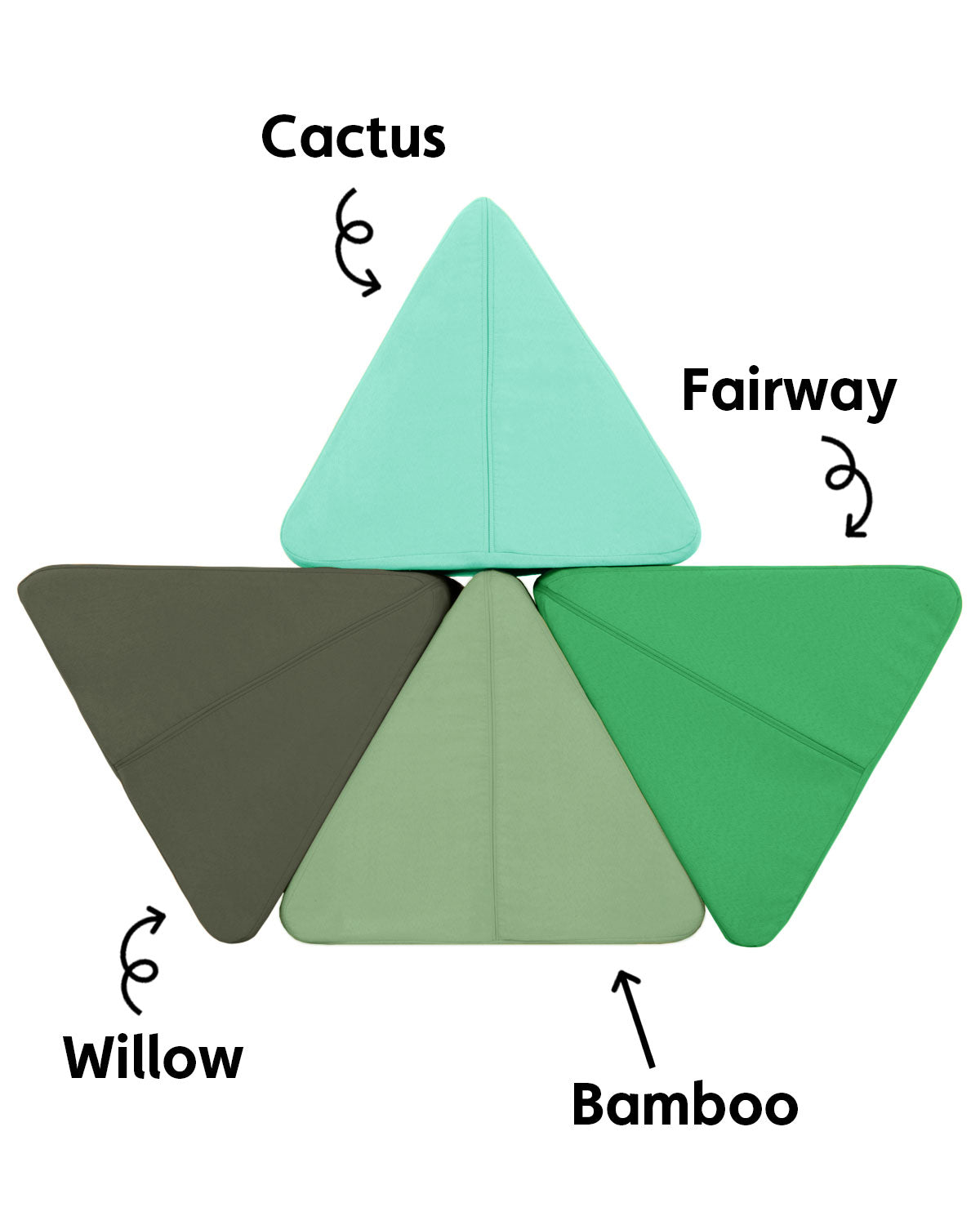 Four Nugget pillows stacked for color comparison: (from top, going clockwise) Cactus, Fairway, Bamboo, and Willow