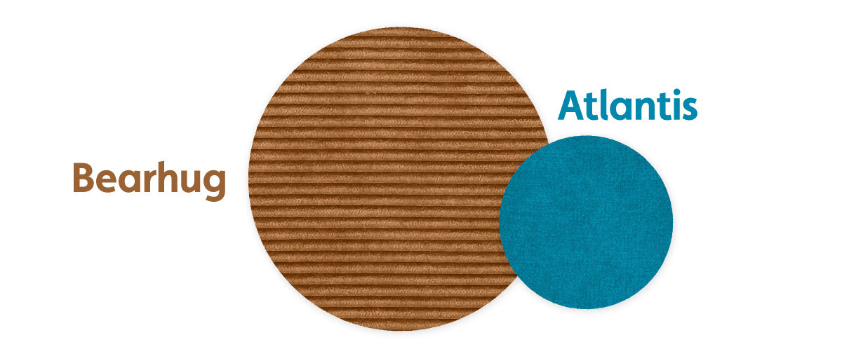 Two color swatches side by side for color comparison: Bearhug, a caramel brown, and Atlantis, a peacock teal