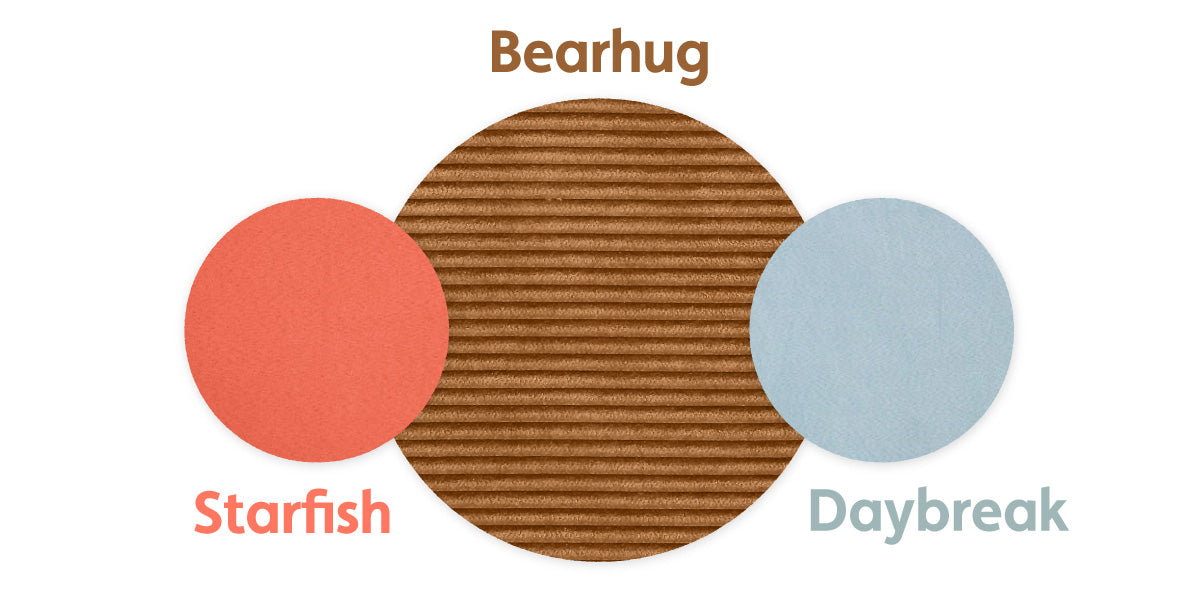 Three circular fabric swatches for color comparison: (from left to right) Starfish, a bright coral, Bearhug, a caramel brown, and Daybreak, a misty agave