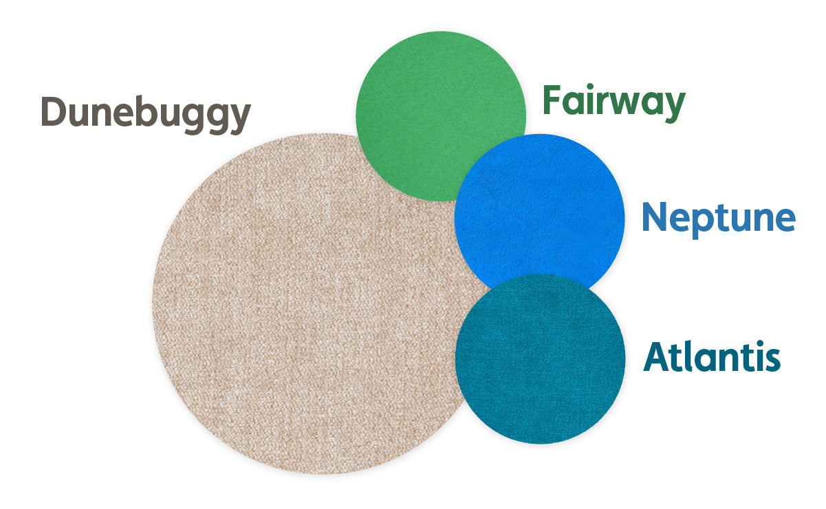 Dunebuggy color swatch with Fairway, Neptune, and Atlantis on top of it