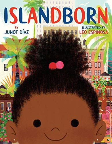 Cover of book "Islandborn," featuring smiling child with island background.