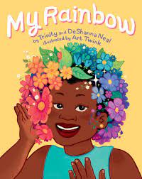 Book Title "My Rainbow" with smiling child wearing rainbow wig of flowers