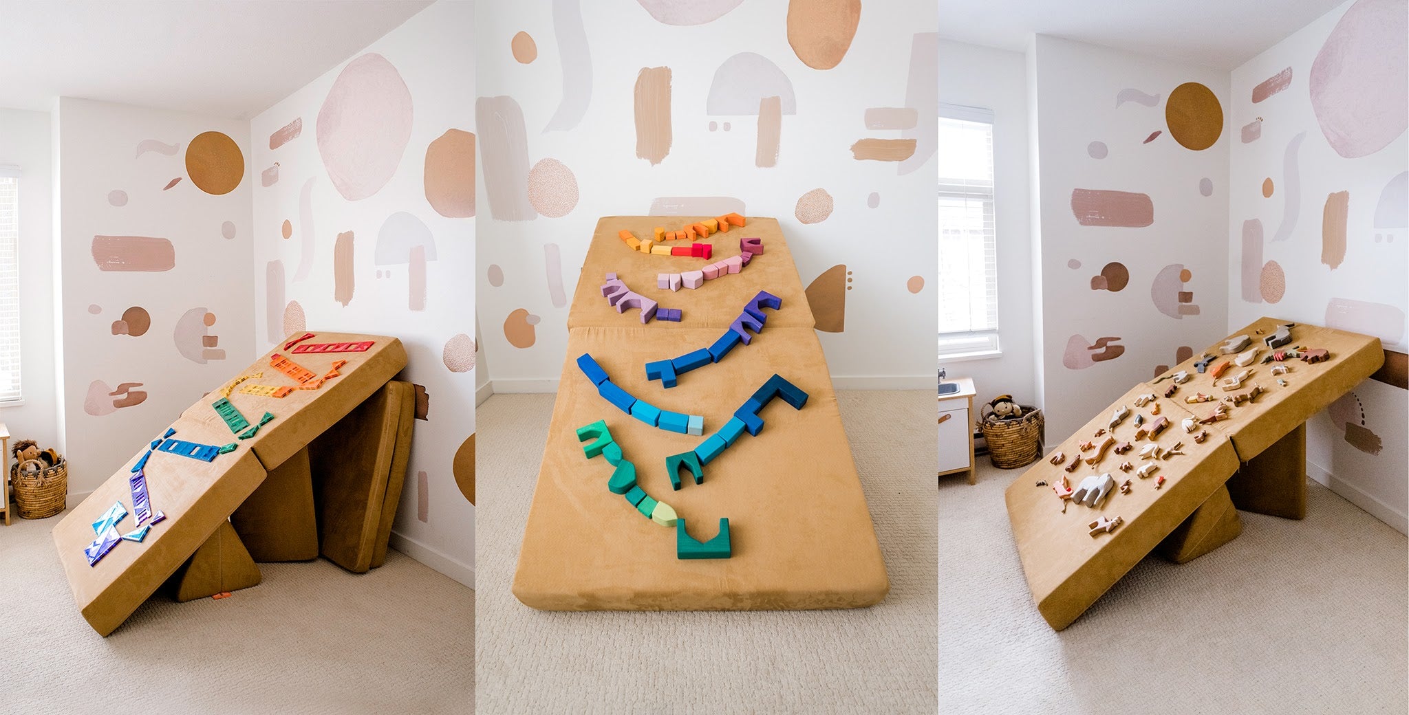 Full-size ball run options, with colorful wooden toys on a Sandcastle Nugget