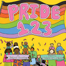 Book title "Pride 123" on Pride flag with people standing beneath