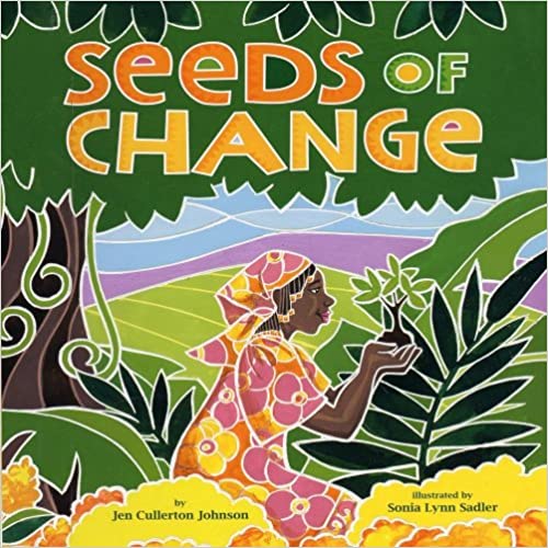 Seeds of Change book cover: A woman kneels in a forest, holding a tree sapling.