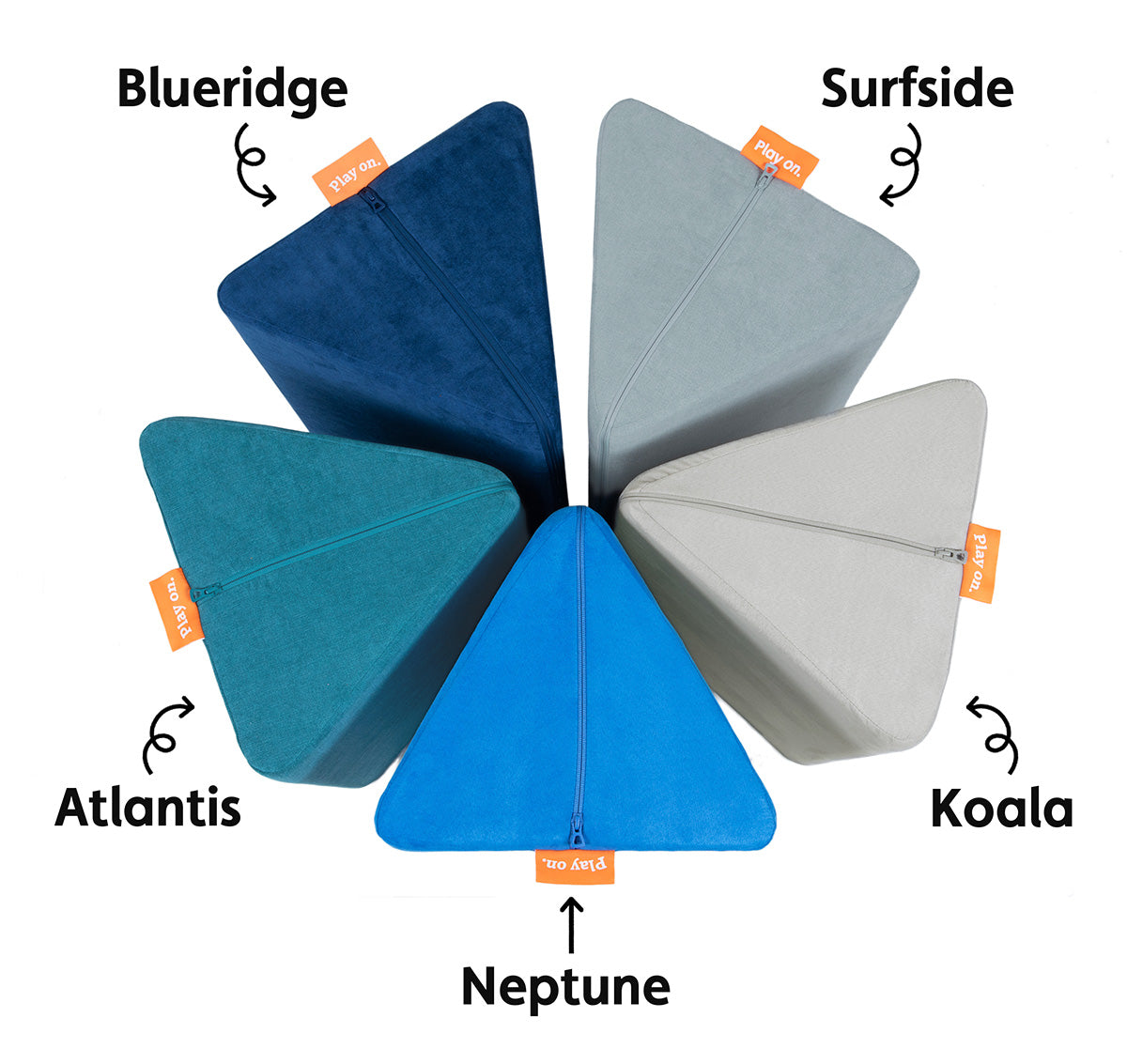 Overhead shot of Nugget pillows showing the colors, in clockwise order, Surfside, Koala, Neptune, Atlantis, and Blueridge