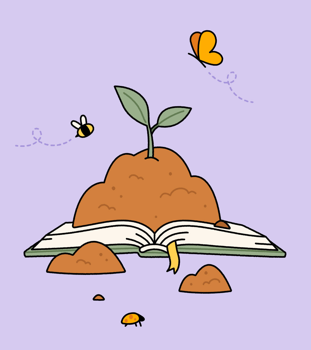An open book holds soil and a little seedling. A bee and butterfly flitter about.