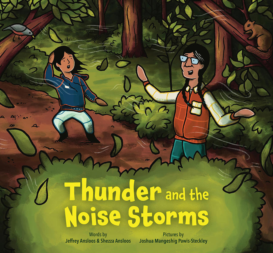 Thunder and the Noise Storms book cover: A child and adult stand in a windy forest